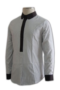 R097 訂造餐廳制服  來樣訂購餐廳襯衫  撞色門襟設計 間條 訂造純色恤衫  恤衫專門店